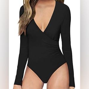 beey XL Women’s Cross Wrap Plunge Neck Deep V Long Sleeve Bodysuits